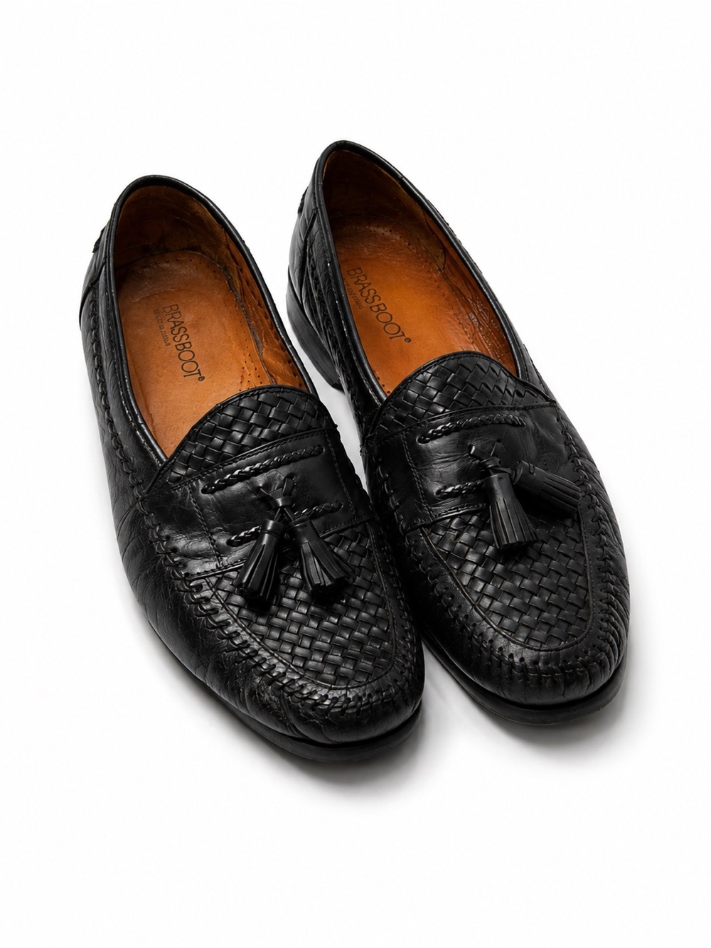 Vintage (80s) Brass Boot Men’s Black Woven Calf Leather Tassel Loafers - Sz 12